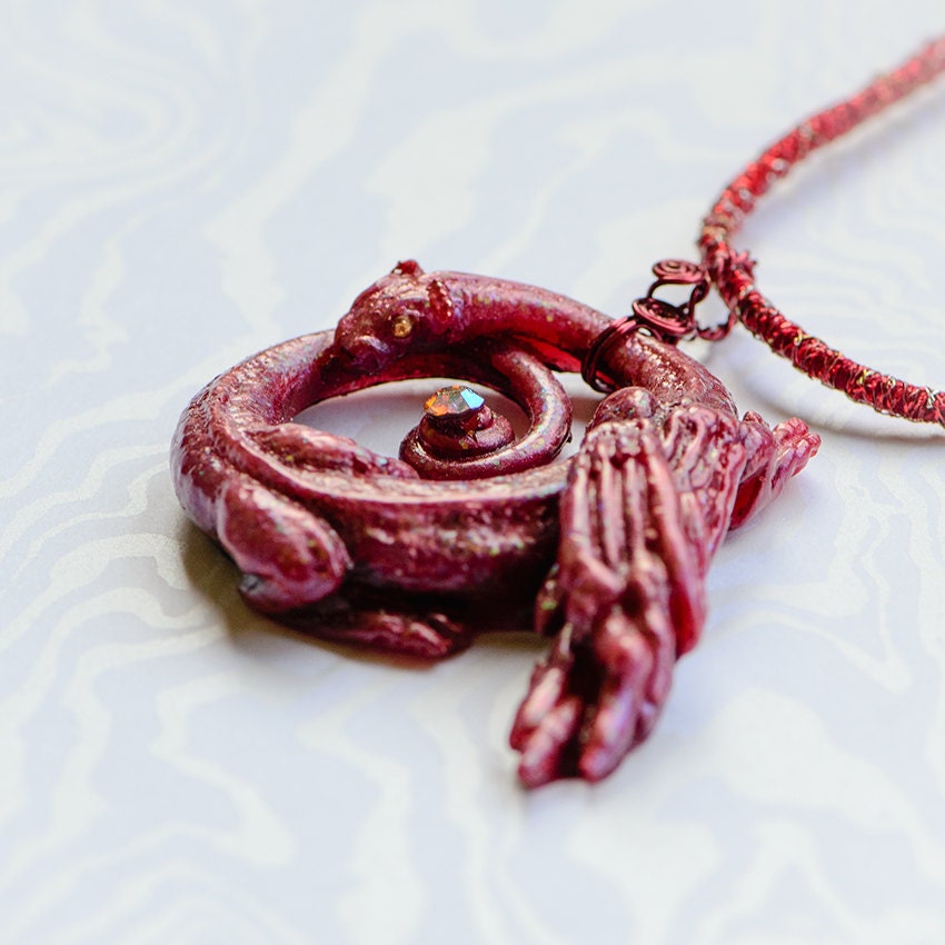Red Fire Dragon, handmade resin sculpture of a beautiful fantasy dragon pendant on custom made cord necklace