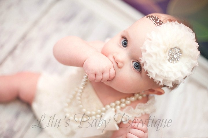 Baby Headband - Creamy Ivory Shabby Chic Chiffon Puff Flower on Brown Giraffe Print Headband - Newborn, Infant, Toddler Girl Photo Prop