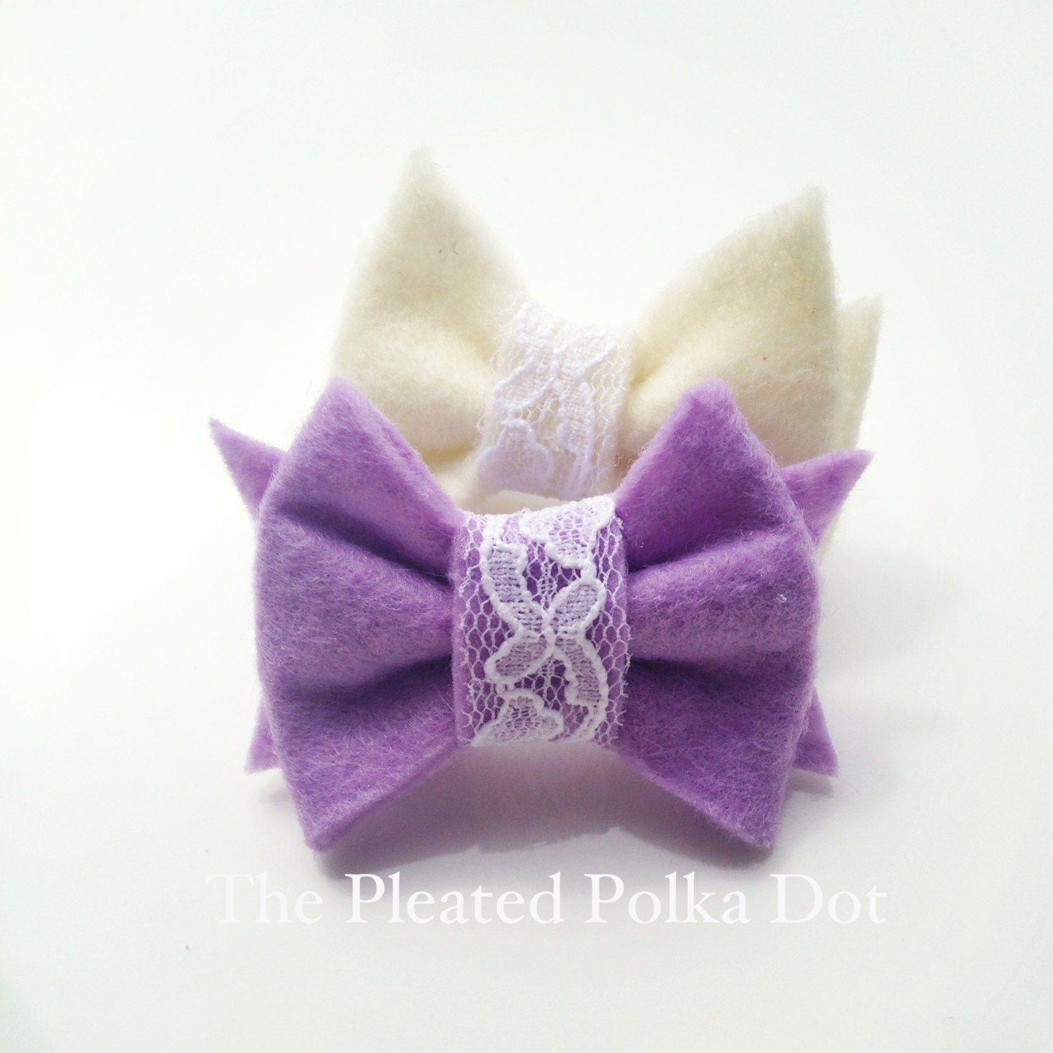 Set of Two Felt Bow Hair Clips With White Lace-Hair Clips-baby Hair Clips-Toddler Hair Clips-Girl's Hair Clips