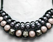 Pale pink and black beaded ribbon collar necklace. Pink glass pearls. Grey glass pearls. Punk. Modern. Ships free.