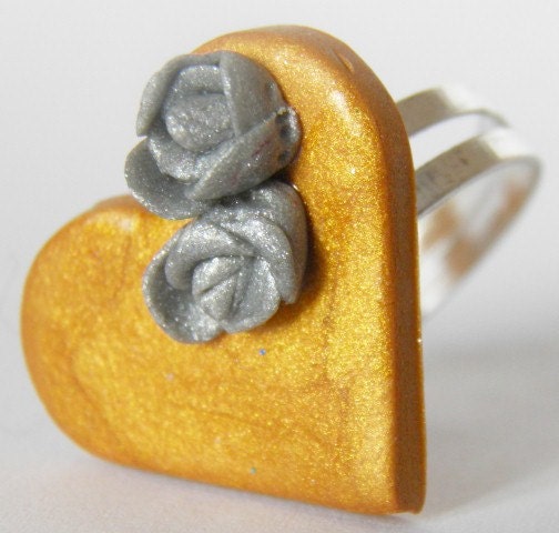 SALE ITEM Polymer Clay Heart Ring, Gold & Silver Blooms, Adjustable, Handmade