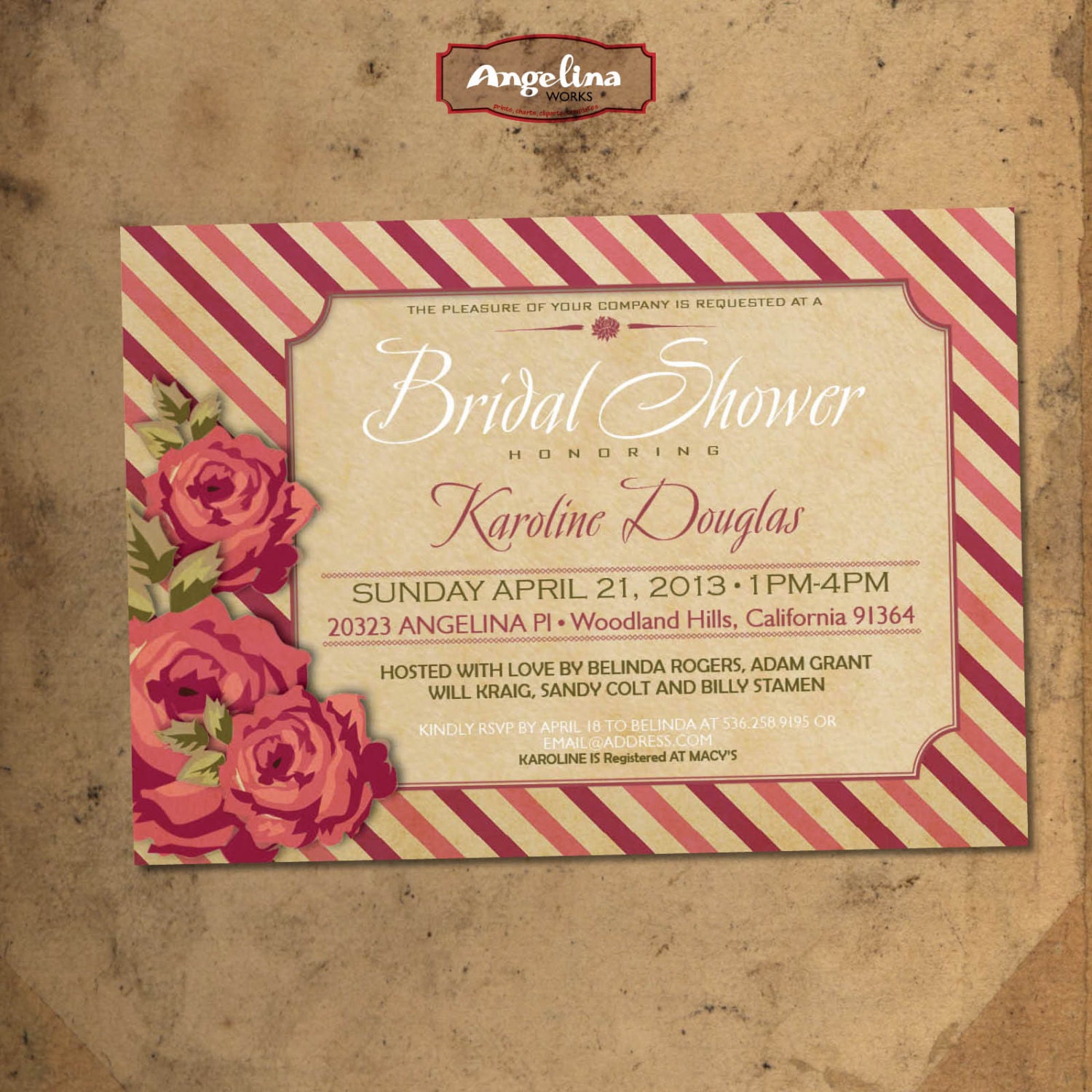 Shabby chic Bridal Shower Invitation. DIY card. Flowers. Digital Printable card