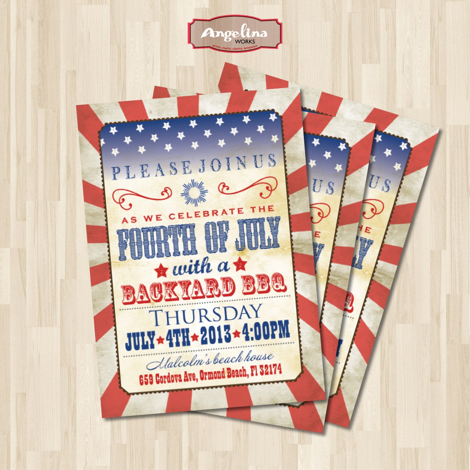 4th of July BBQ Invitation. DIY card. Patriotic.Digital Printable card 5x7inch
