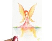 Fairy ACEO Watercolor Painting Print Archival Giclee Print Fae Faerie Painting Faery Pond Painting Peach Orange Pink Fantasy Art Original