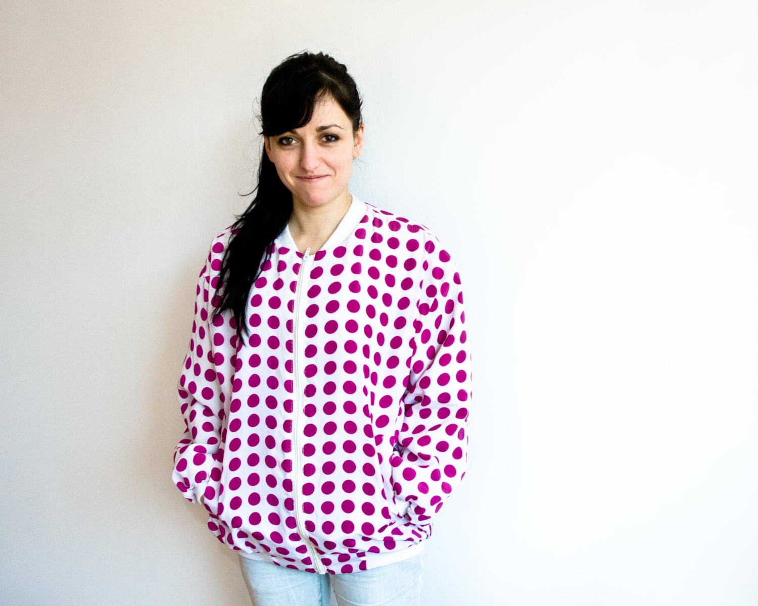 Vintage Spring Jacket, Polka Dot Silk Jacket, White and Purple Handmade Double sided Jacket, Women and Girls Fashion, ohtteam