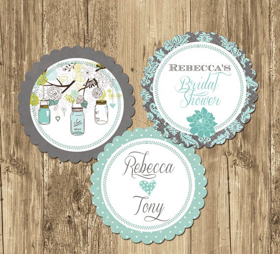 Mason Jar Teal Bridal Shower Party Rounds Cupcake Toppers- Printable Il_170x135