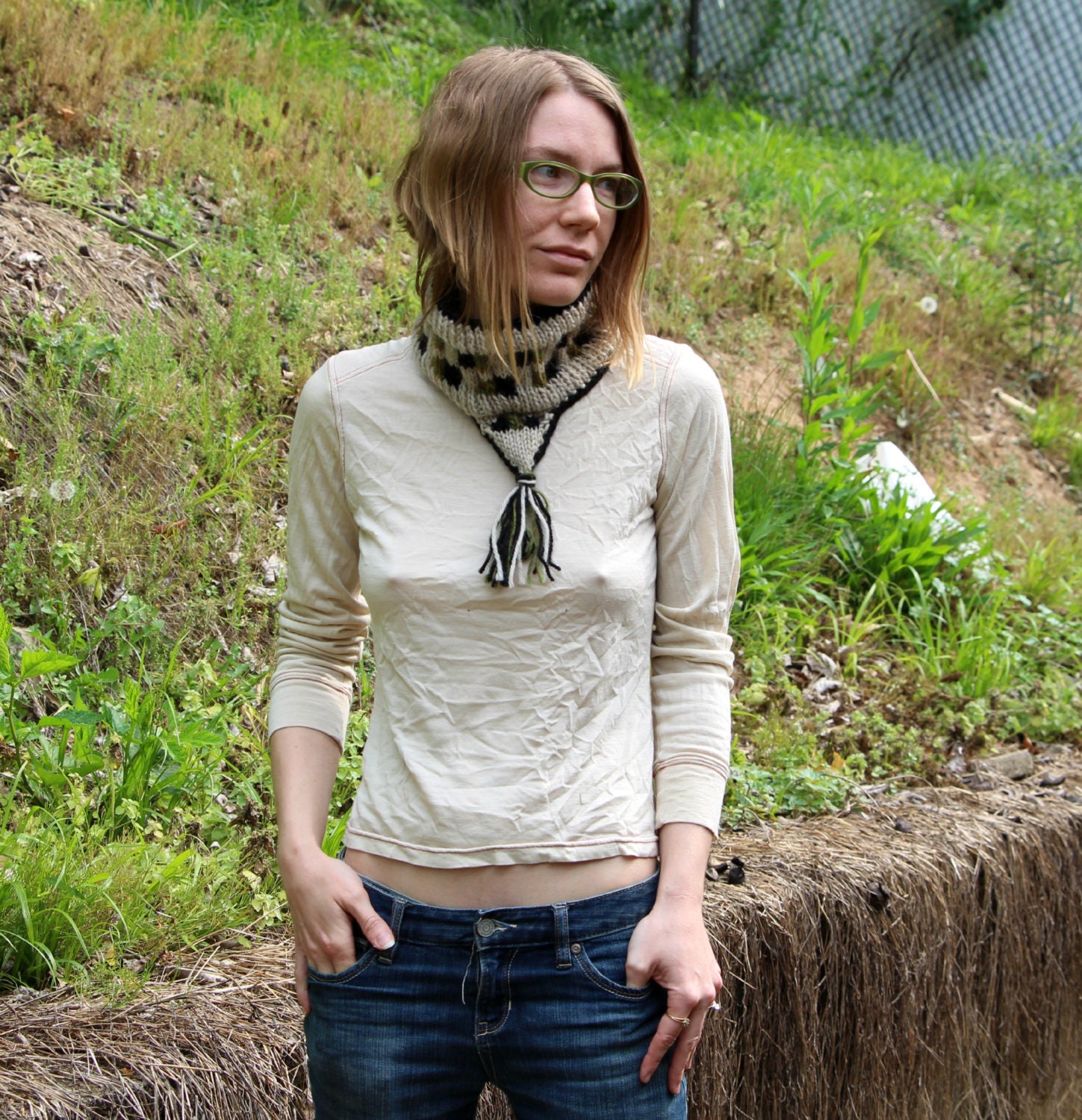 Wool knit cowl, knit cowl, neutral white neckwarmer, winter accessory, intarsia knit