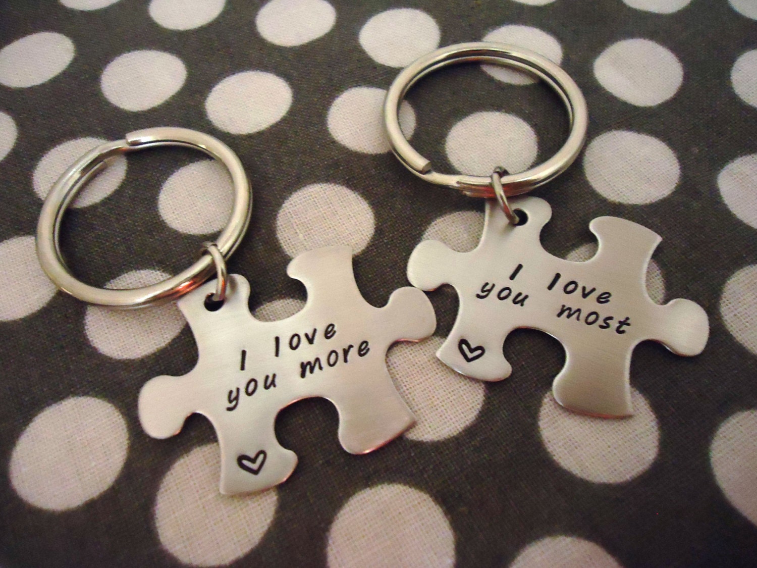 Puzzle Piece Key Chain His and Hers Set I Love You More I Love You Most - Hand Stamped SHIPPED in 10-14 Days SHIPPING TIME 3-5 Days