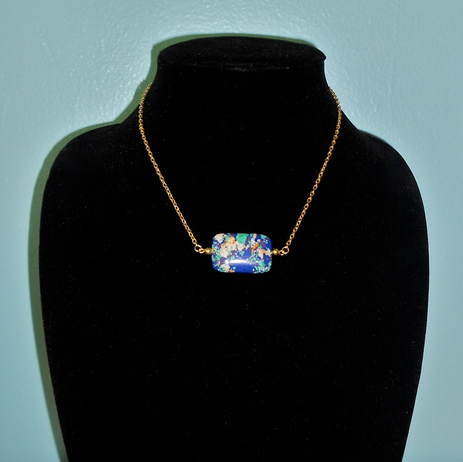 Bohemian Style Short Multicolored Blue Stone Tile Necklace - Gold Chain
