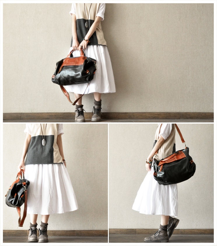 Orange And Black Leather Tote Bag