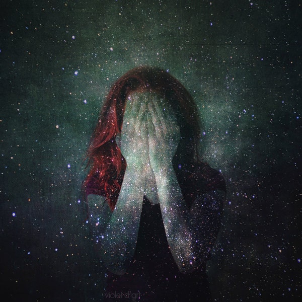 Conceptual Fine Art Photograph. 8x8  surreal, creative, contemporary art. stars, blue woman girl portrait dark art