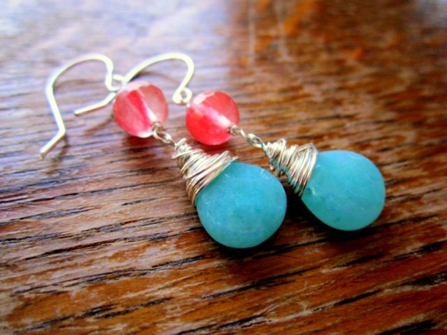 Mint and Peach Earrings Sterling Silver Aqua and Coral jewelry, Bridal earrings, Bridesmaids earrings Mint and Coral Wedding Seafoam