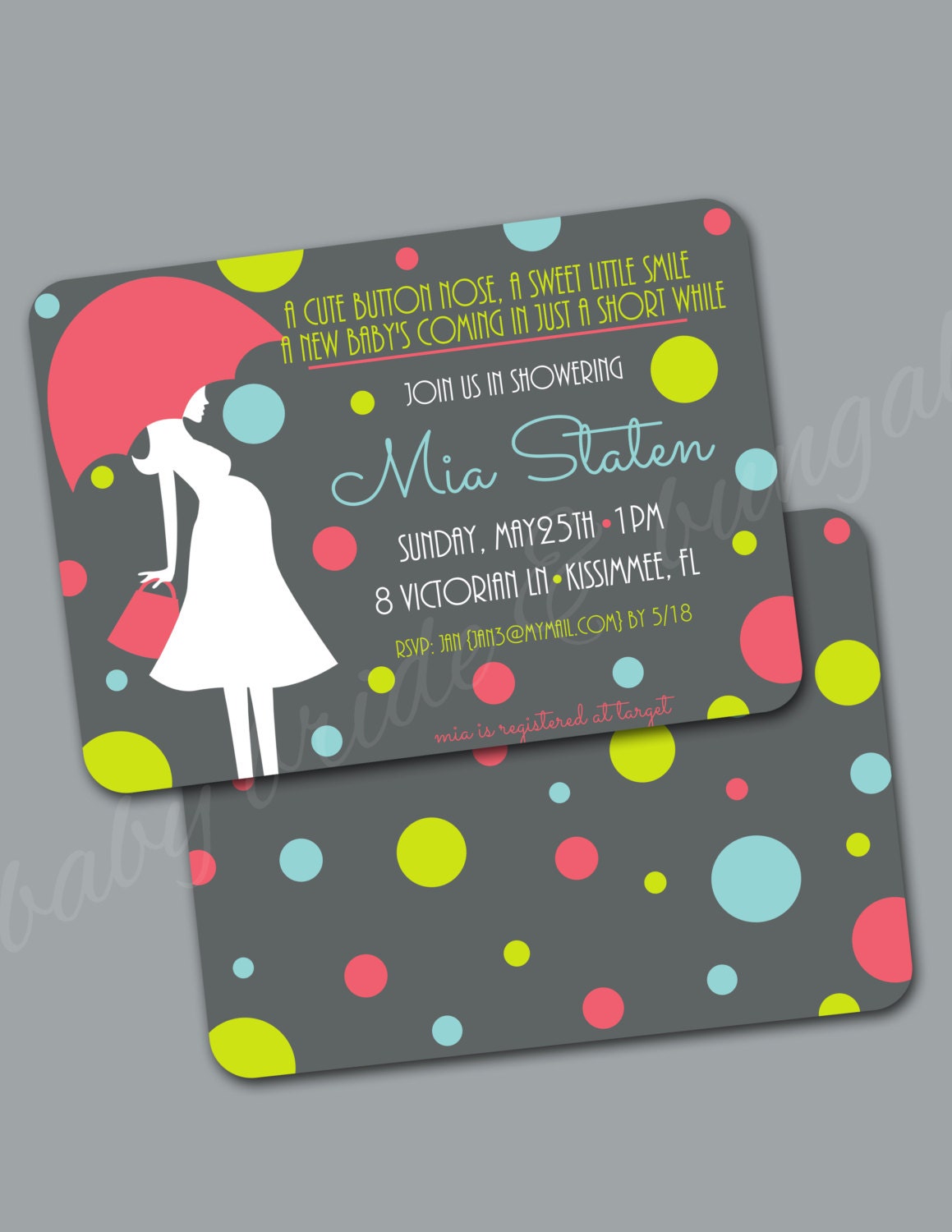 Baby shower invitation with pregnant silhouette and polka dots, 5x7: Printable and customizable (front and back design)