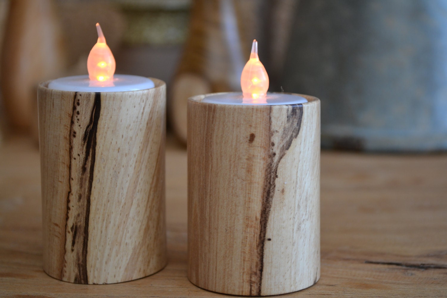 Pair of beautiful hand turned spalted beech electric/battery tea light holders