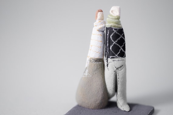 Stoneware Sculptures " Together 03 " Handmade Ceramic Miniatures Figures by Murtiga