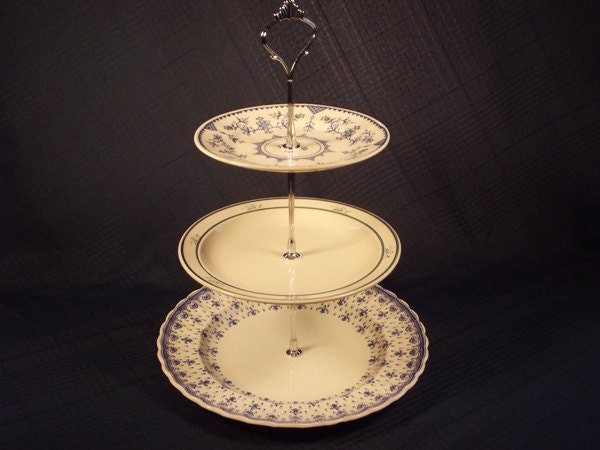 3 tier blue white cake stand, vintage cake stand, wedding decor, cup cake stand, dessert stand, tea party, table decoration, wedding gift