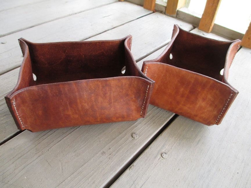 Twin Molded Leather Boxes. Dresser, Desk Accessory Set. Mottled Brown Hand Dyed and Stiched Leather Vessels.