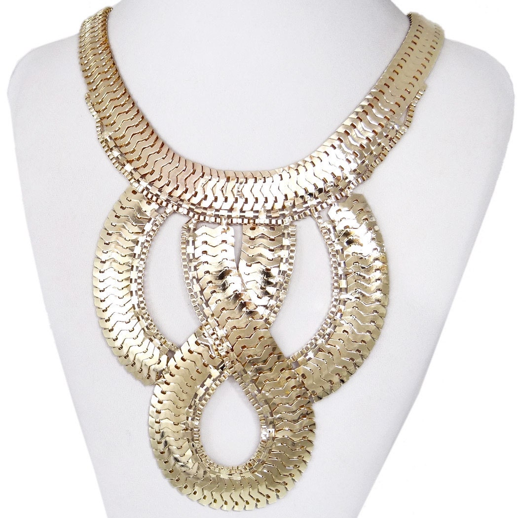 Gold Tone Snake Shape Necklace, Stunning Clear Swarovski Crystal Bib Necklace, Metal Work, Elegant Jewelry For Party