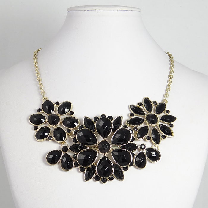 New Flower Oval Drop Black Bib Bubble Statement Necklace, Gold Tone Plated Beaded Statement Necklace, Chunky Necklace-125073498