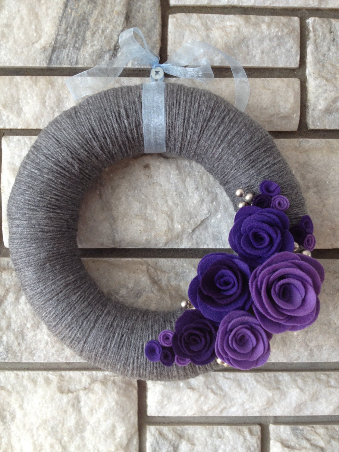 Yarn Wreath Handmade Felt Decoration-12" Grey and Purple Wreath