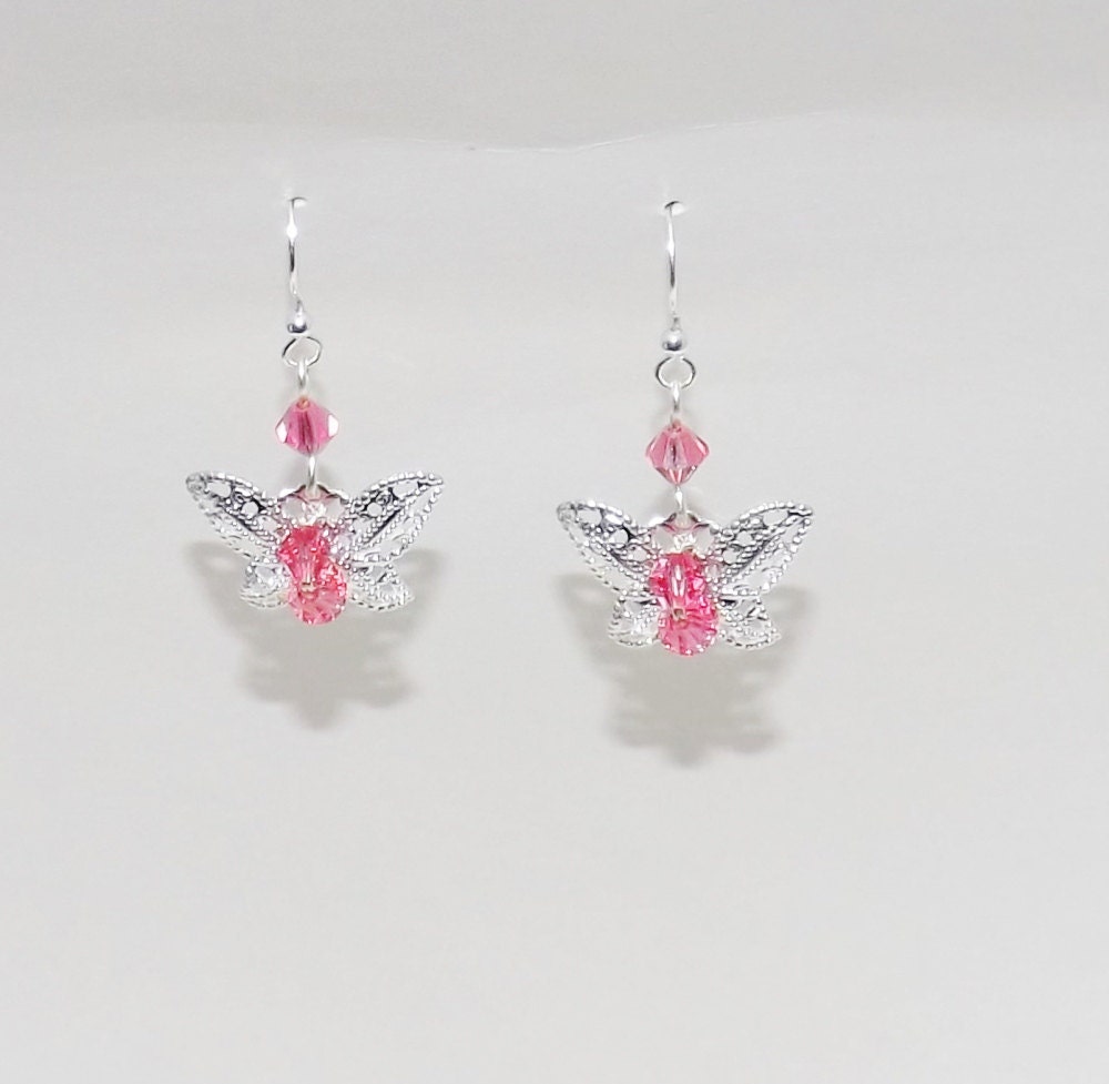 Handmade Jewelry Silver Butterfly & Pink Swarovski Crystal Dangle Earrings