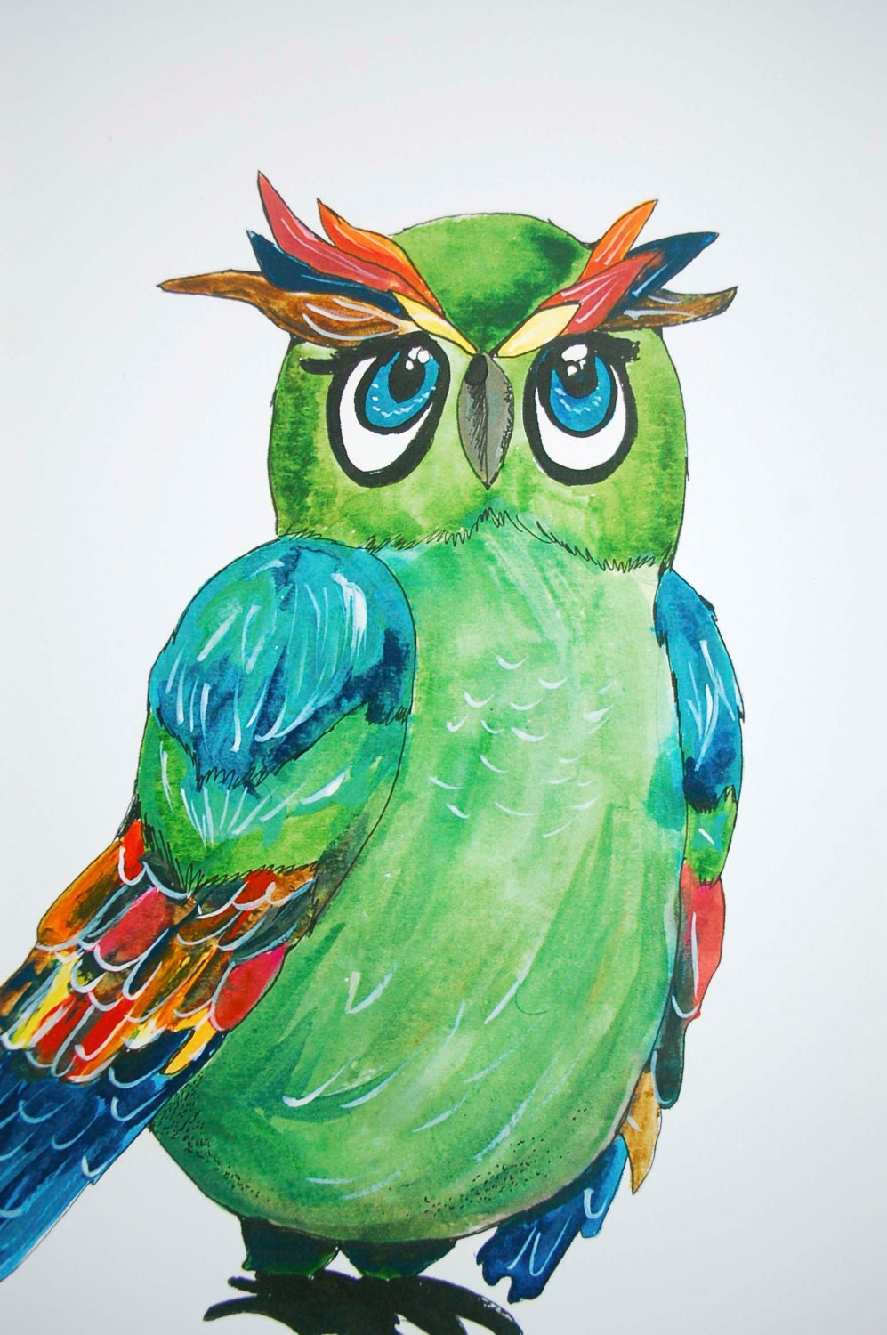 Green Owl - Archival Print - Original Watercolour Illustration