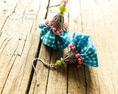Pendant fiber colorful earrings, plaid fabric - cotton - glass beads, sterling silver, blue, hot pink, green, white, fushia, turquoise.