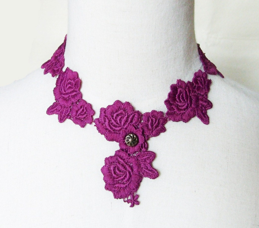 SALE large rose lace bib necklace flower choker dark pink purple bronze charm chain handmade Fabric jewelry woman wedding party