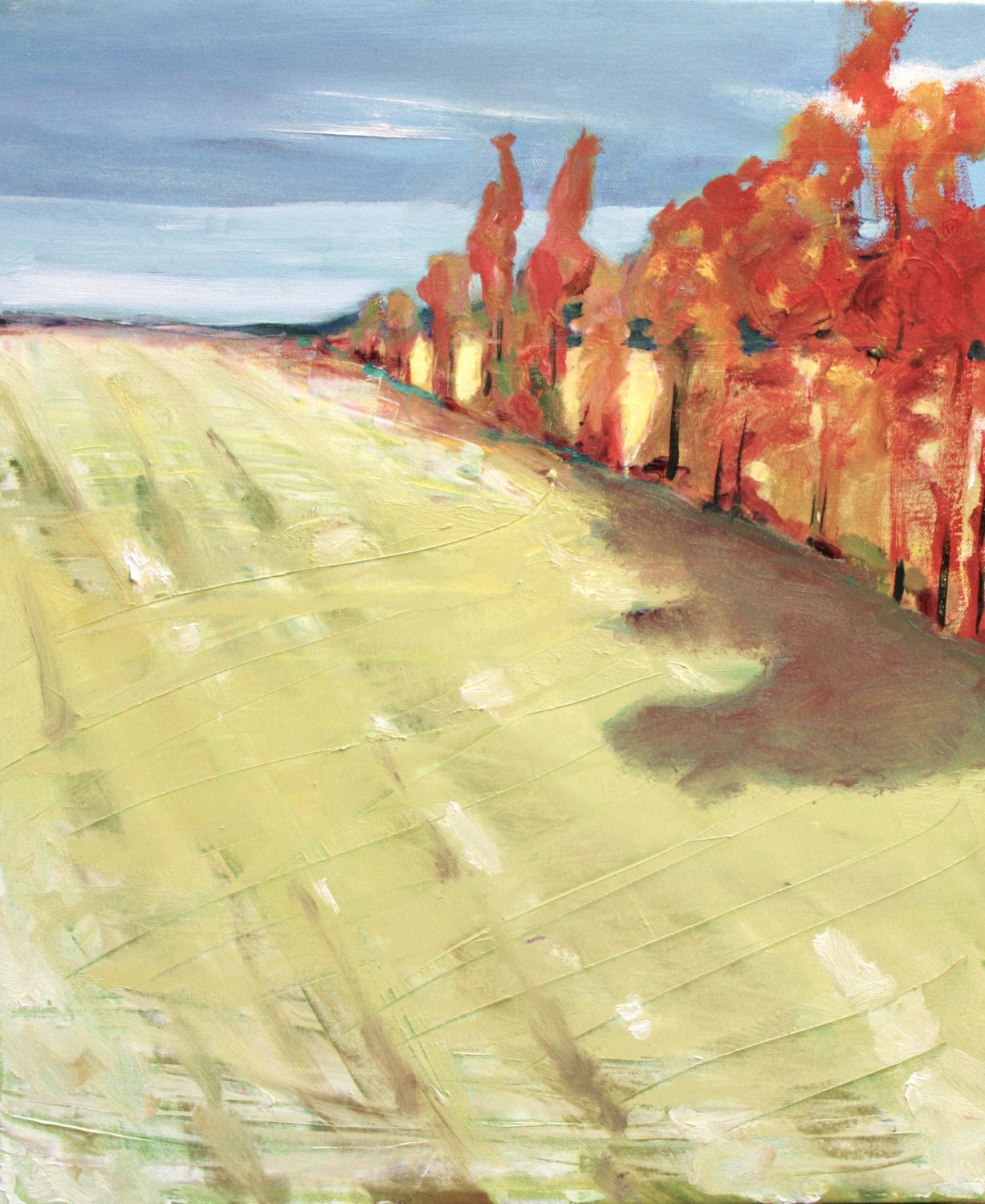 Celery Green with Grey Blue Sky and Orange Trees "October Snow" Gallery Wrap Canvas, Signed, Framed,18 x 24, Modern Landscape Painting