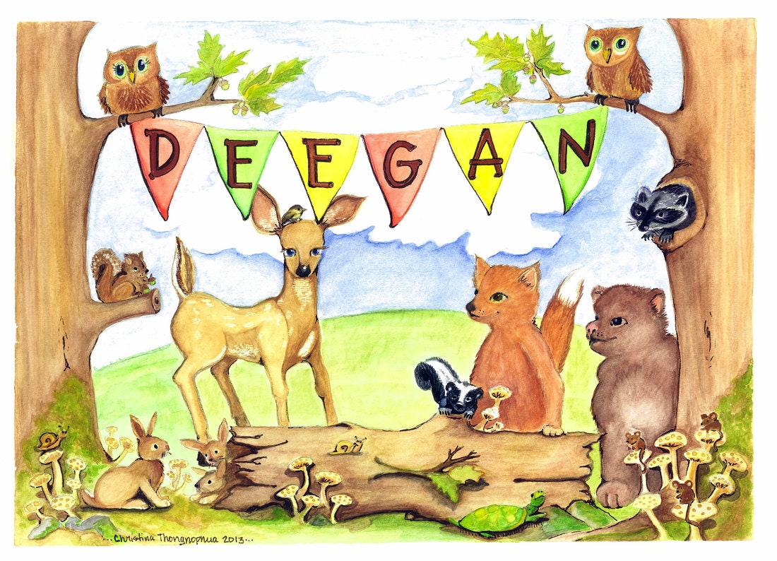 ORIGINAL WATERCOLOR - Children's Art with Name - Woodland Creatures