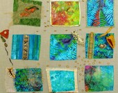 GOLDEN TURQUOISE,  Mixed media,  Hand embroidery, embroidered collage,  fiber art OOAK