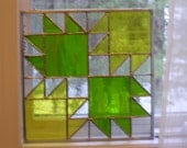 Stained Glass Panel, " Bear Tracks "  Quilt Pattern, Sun-catcher, Window Art, Home Decor, Glass.