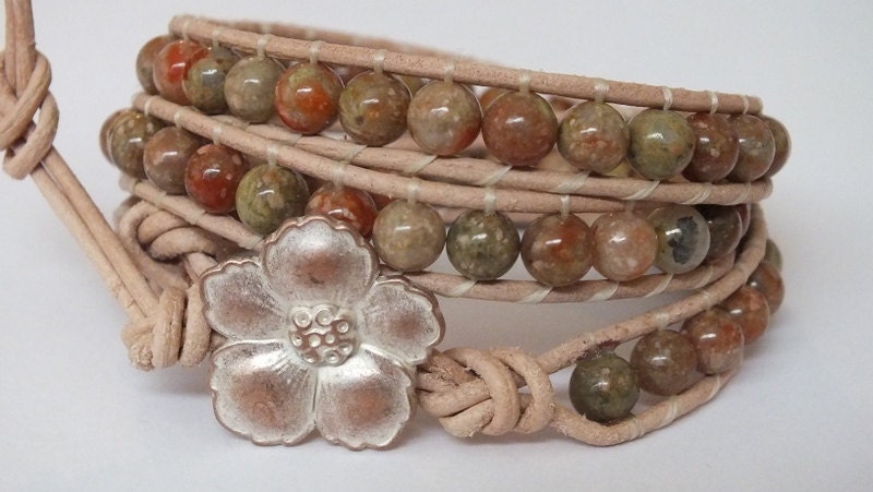 Beaded Leather Wrap Bracelet featuring Autumn Jasper, semiprecious stone, boho, wrap bracelet, leather wrap