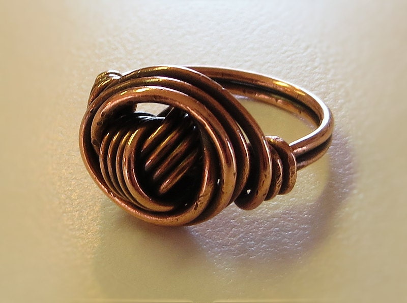 Copper Wire Ring, Wrapped Love Knot Ring, Girlfriend Ring, Handmade Wire Jewelry, Antiqued Copper Jewelry