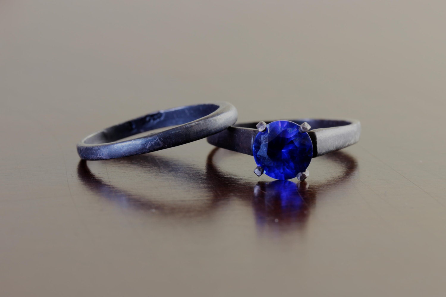 Rustic Sapphire Blue Topaz Wedding Set in Oxidized Sterling Custom Made in Your Size