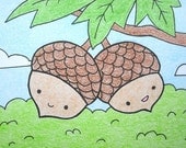Cute acorn ACEO, tree illustration, kawaii acorns, cute drawing, art card, oak tree