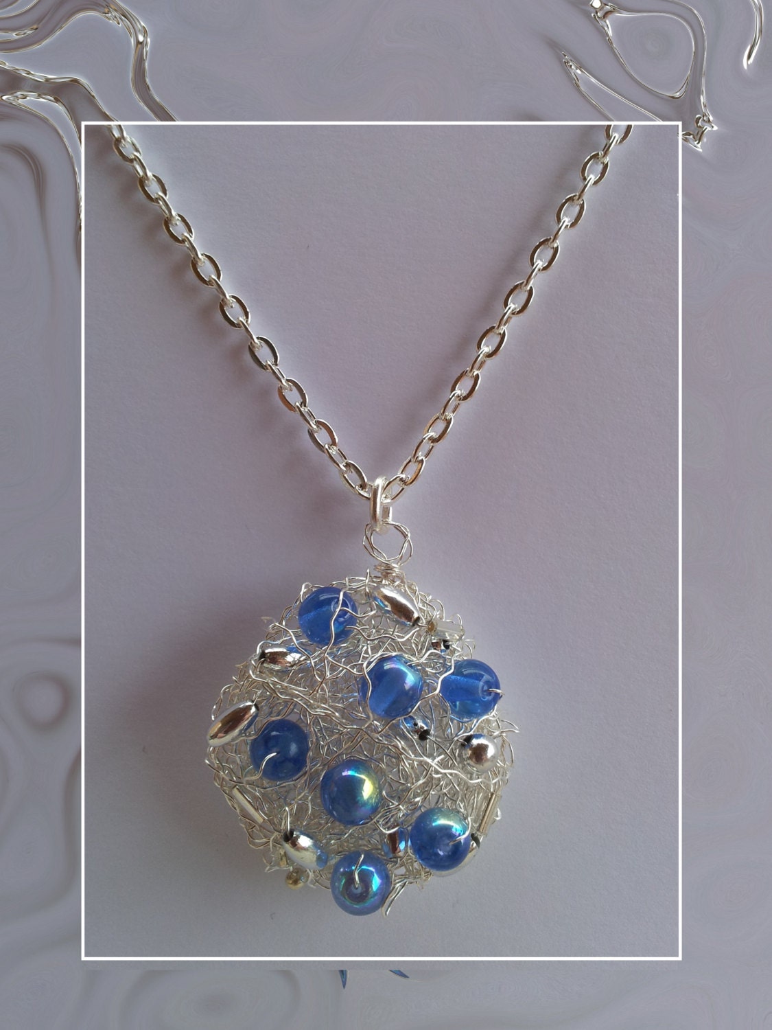 Wire Mesh Art Jewellery - Stunning and Elegant Beaded and Wire Necklace in Silver and Blue