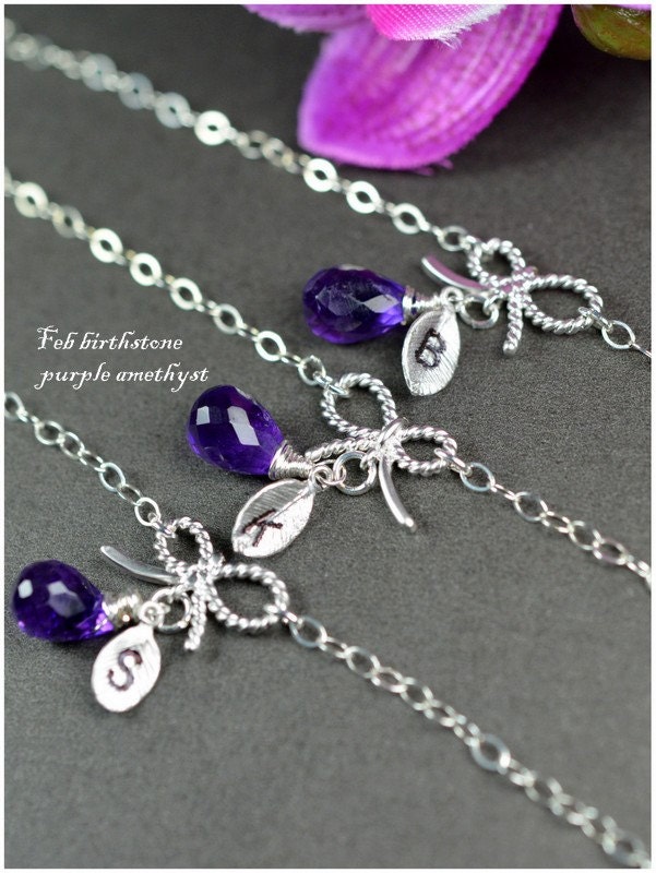 Set of 6:Bridesmaid gifts, Silver Bow bracelets, Tie the Knot bracelets for bridesmaids, bridal party jewelry , birthstone , purple amethyst