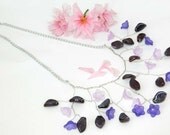FREE SHIPPING - Lilac Pink Bridal Necklace - Bib Necklace - Vintage Style Jewelry Wedding with glass leaves and pearls crystals cascades