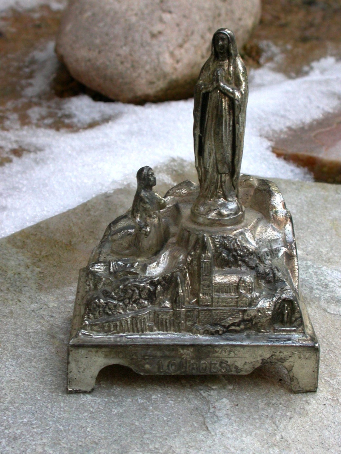Antique Art deco 1930s our lady of lourdes religious catholic sculpture silver tone metal sculpture music box wall medal bronze wood base