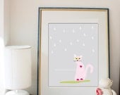 Nursery wall art print - pink cat  in the rain.  Nursery wall art modern. 8x10 inches. Children wall art  prints.
