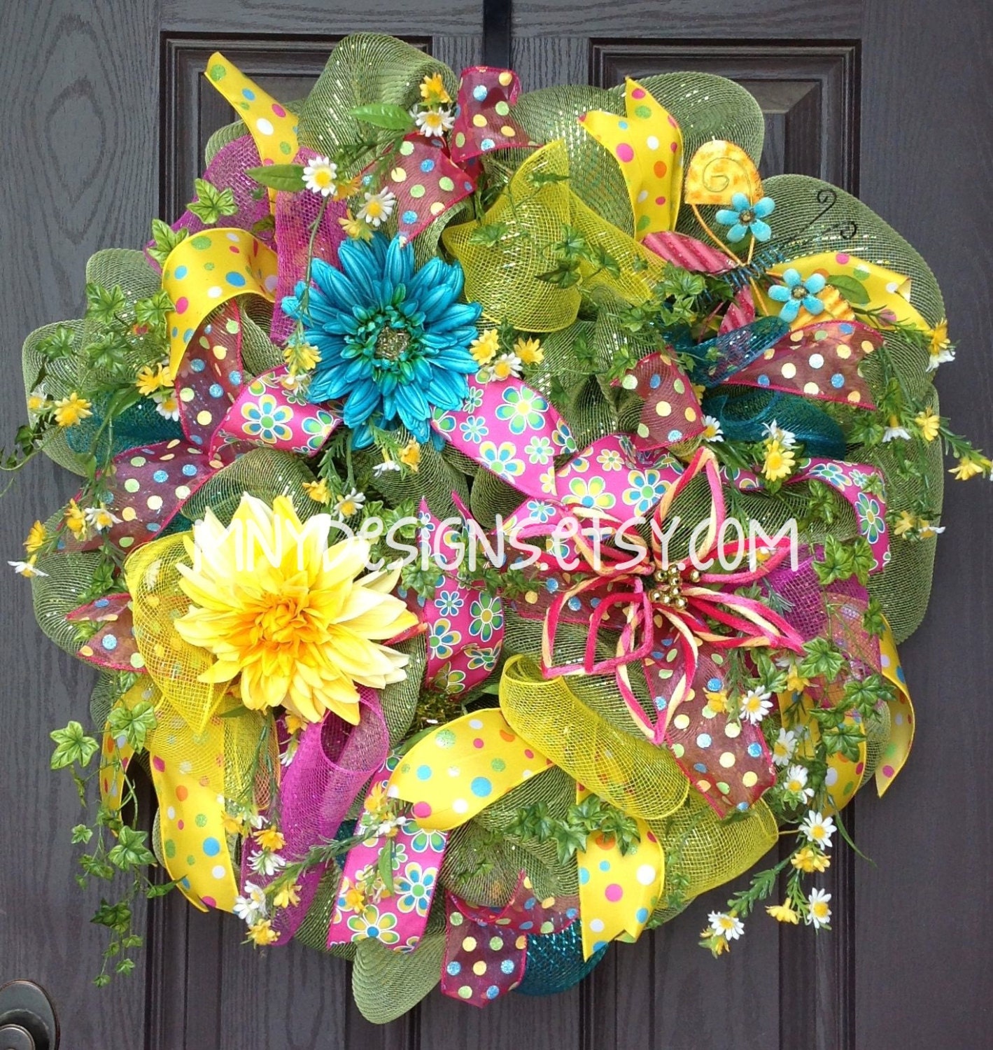 Bright Colored Hot Pink, Geen, Turquoise and Yellow Butterfly Summer Deco Mesh Wreath, Indoor/Outdoor Wreath