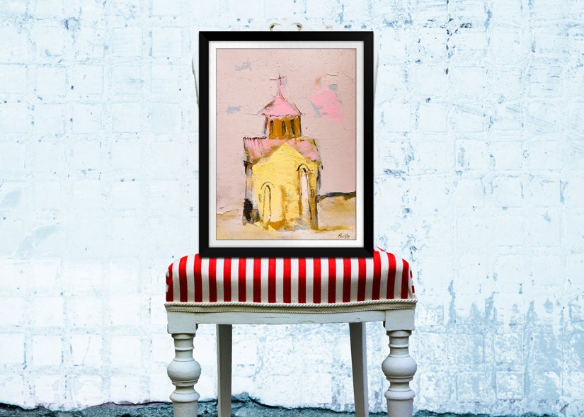Buy traditional anniversary gifts - Original Artwork Oil Painting Traditional Ancient Building, Shabby Chic Decor, Wedding Gift Anniversary - Pink Saint Valentine Church