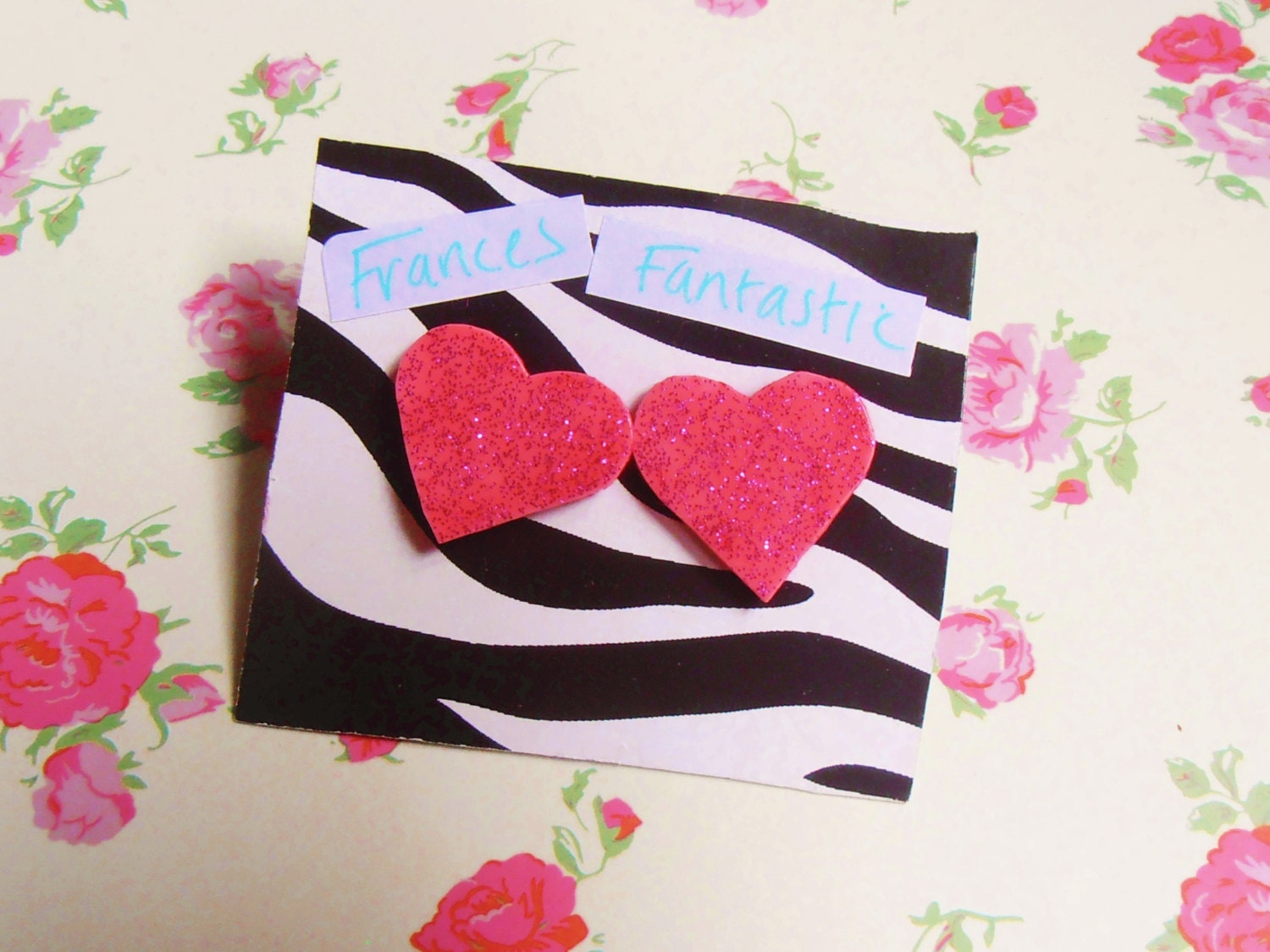 Pink glitter heart earrings - shrink plastic - stud earrings