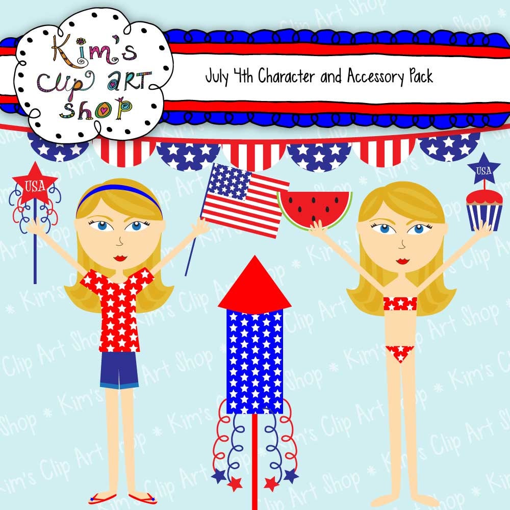 4th of July Clip Art, July 4th clip art, July 4th character illustration, fireworks, sparklers, flag, banner