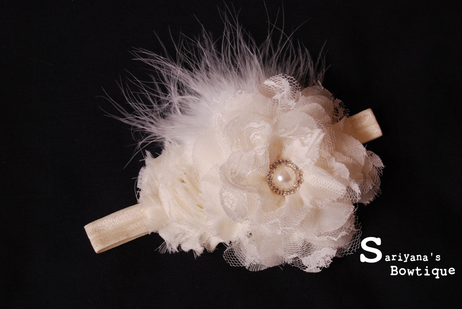 Ivory Cream Flower Feather Rhinestone Headband - Baby Toddler Girl Woman - Vintage
