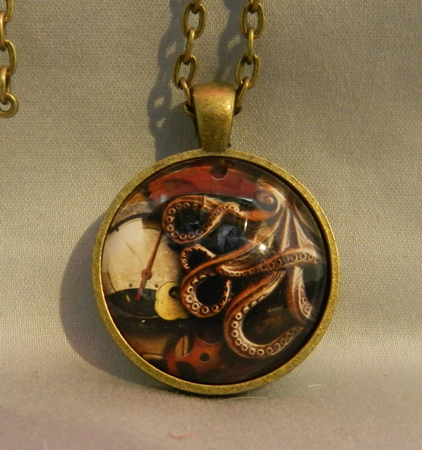 Steampunk Octopus Watch Gears Pendant Necklace 1" Glass Dome Cover Jewelry Charm Round Circle -  Plated Silver or Brass or Copper or Black