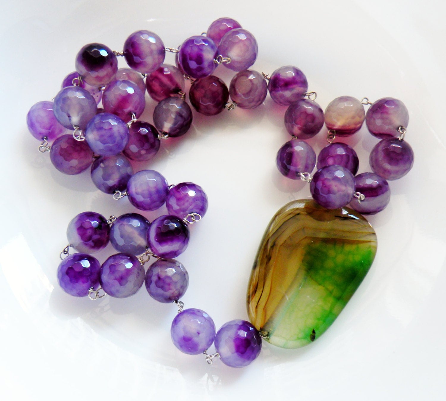 Purple Agate Necklace -  Sterling Silver Purple and Green Gemstone Handmade Beaded Necklace