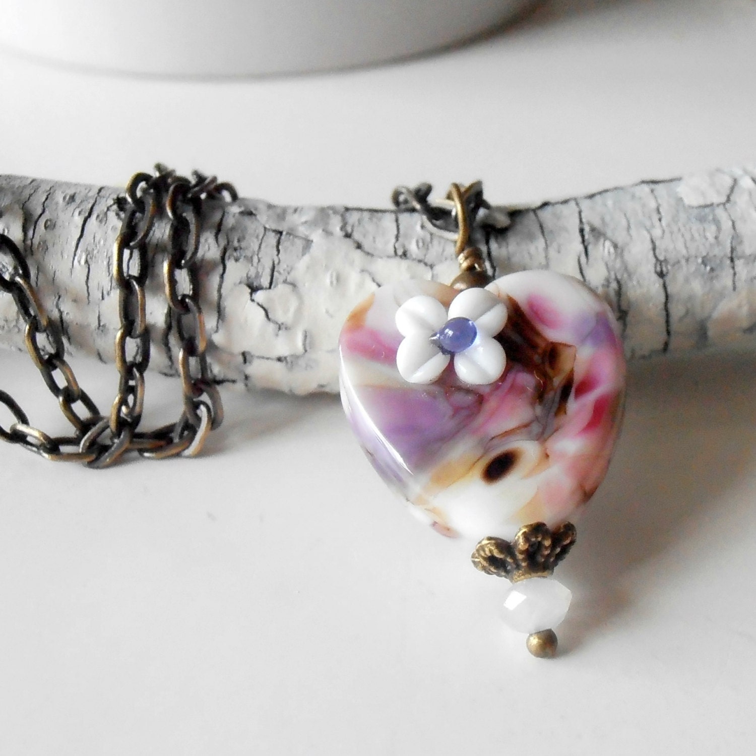 Heart Necklace Valentines Day Jewelry Lampwork Glass Heart Pendant Pink and Purple Beaded Pendant Antiqued Bronze