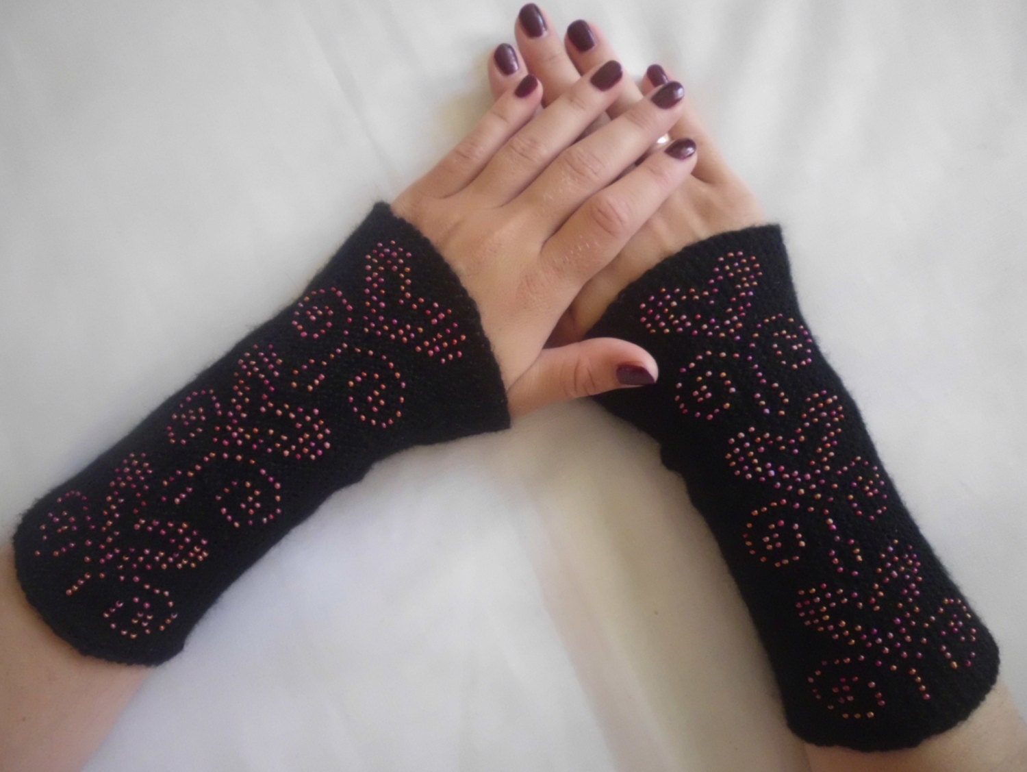 Knitted black mittens with multicolor red beads,Romantic arm warmer, Fingerless gloves, handmade knit, accessories, ready to ship